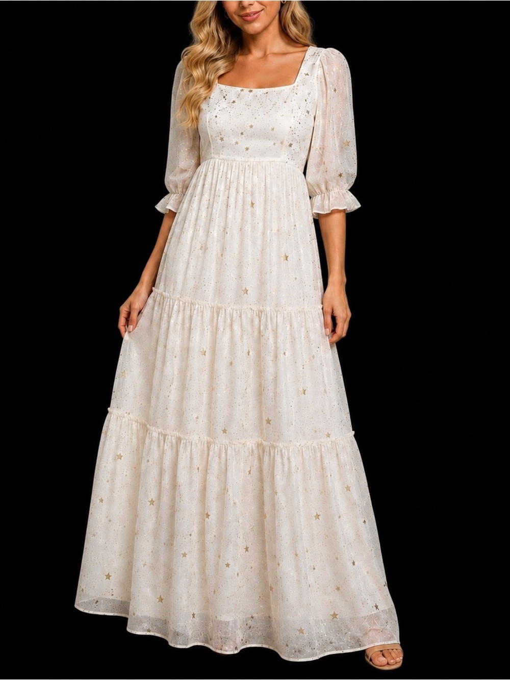 White Smocked Puff Sleeve Maxi Dress Gold Foil Star Print Celestial Cottagecore